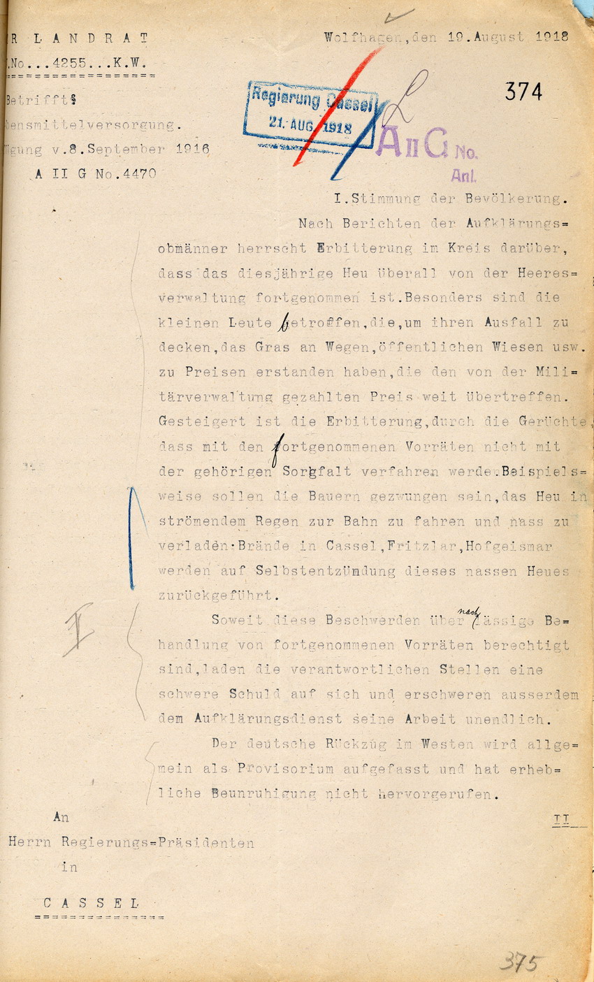 Bericht über die Lebensmittelversorgung des Landrates in Wolfhagen an den Regierungspräsidenten zu Cassel, 19. August 1918.