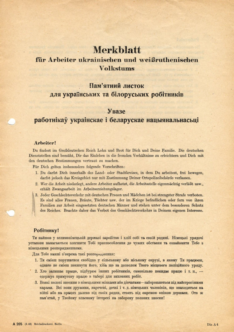 Merkblatt für Arbeiter ukrainischen und weißruthenischen Volkstums, u.a. Verbot des Geschlechtsverkehrs mit deutschen trauen und Mädchen bei strengster Strafe