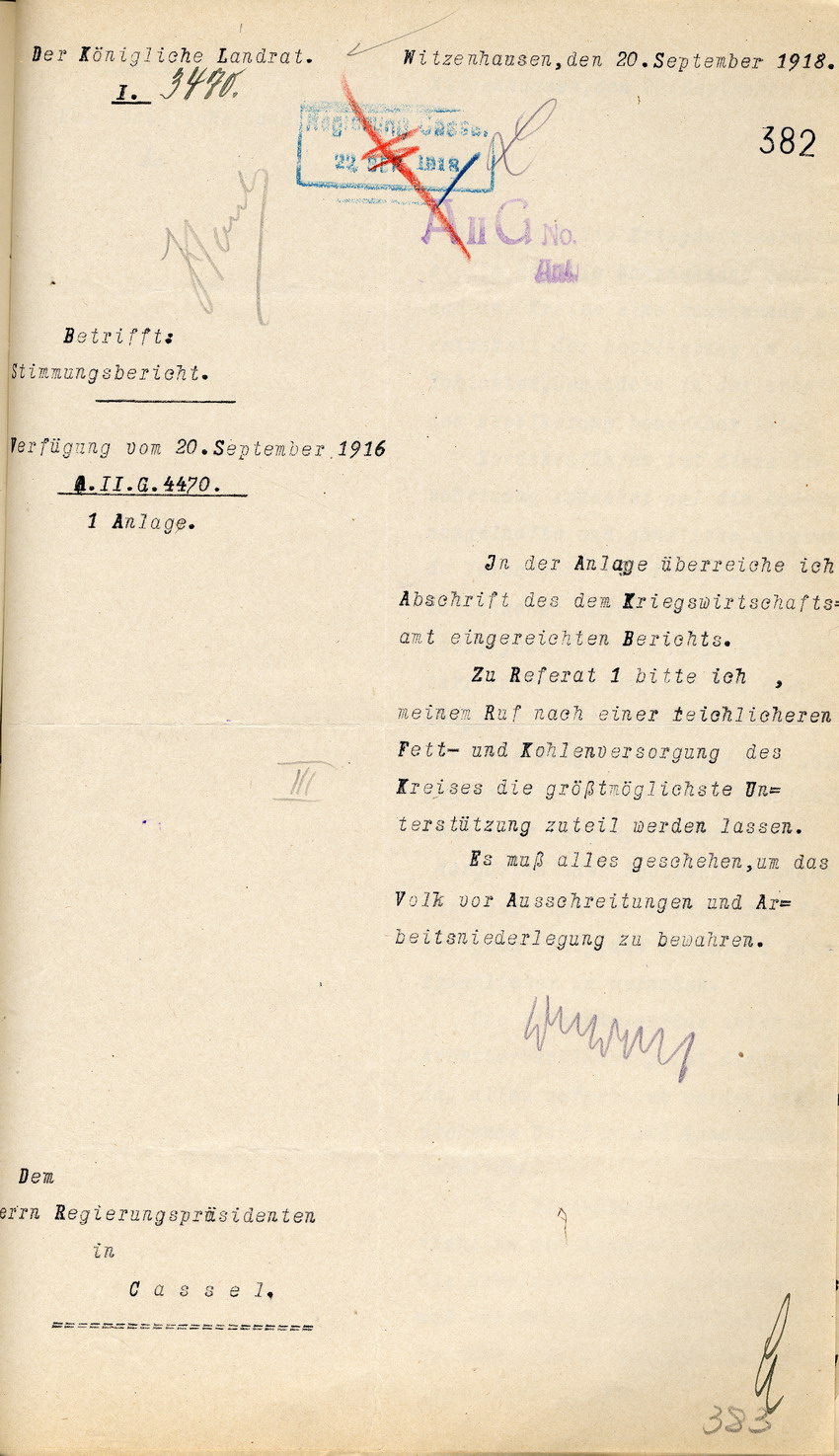 Stimmungsbericht des Kgl. Landrates in Witzenhausen an den Regierungspräsidenten zu Cassel, 20. September 1918 +  1 Anlage (Abschrift des dem Kriegswirtschaftsamt eingereichten Berichts).