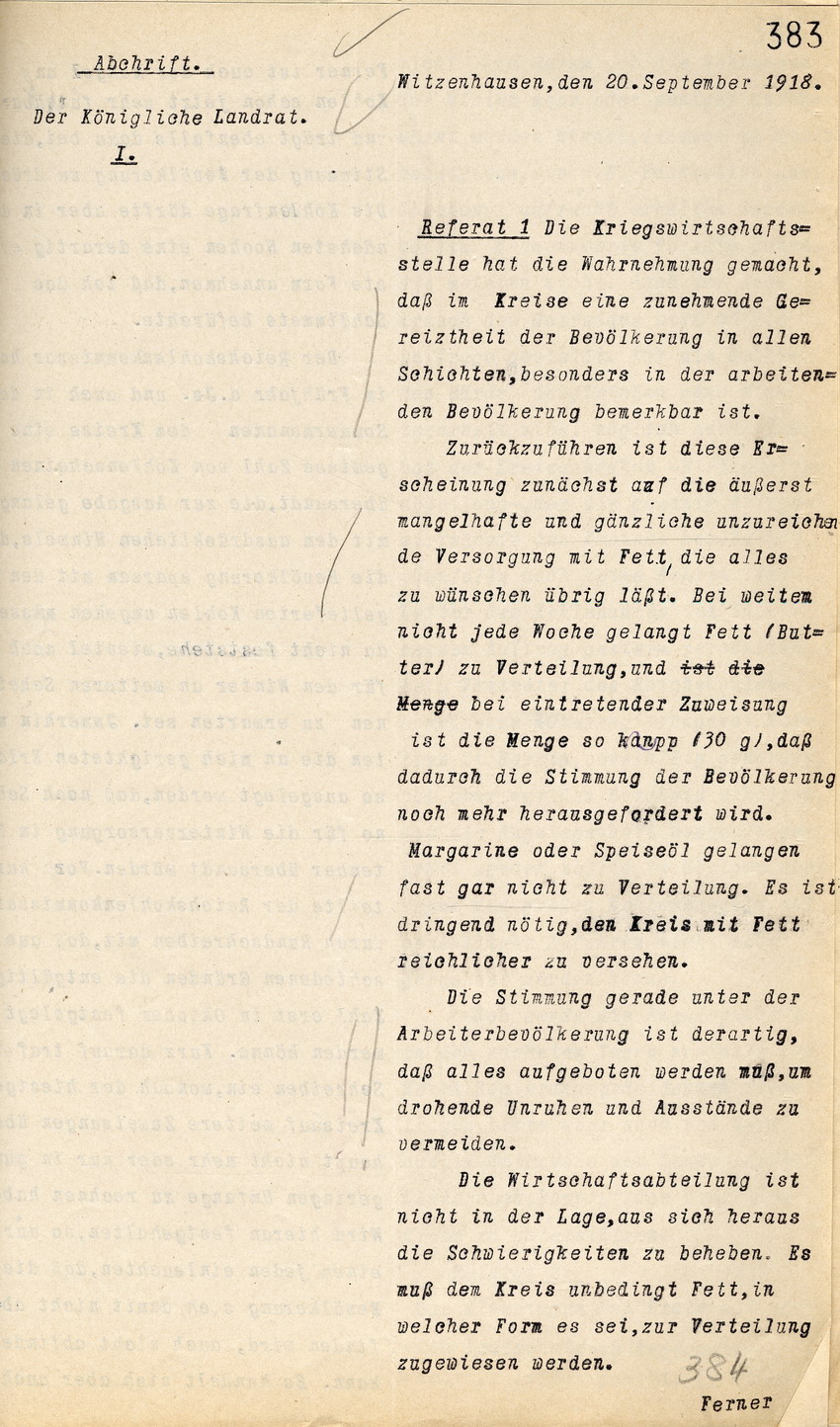 Stimmungsbericht des Kgl. Landrates in Witzenhausen an den Regierungspräsidenten zu Cassel, 20. September 1918 +  1 Anlage (Abschrift des dem Kriegswirtschaftsamt eingereichten Berichts).