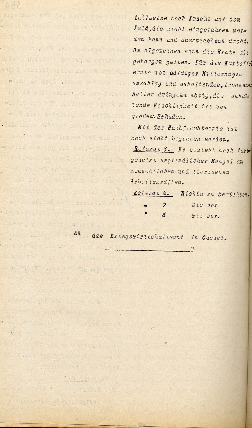 Stimmungsbericht des Kgl. Landrates in Witzenhausen an den Regierungspräsidenten zu Cassel, 20. September 1918 +  1 Anlage (Abschrift des dem Kriegswirtschaftsamt eingereichten Berichts).