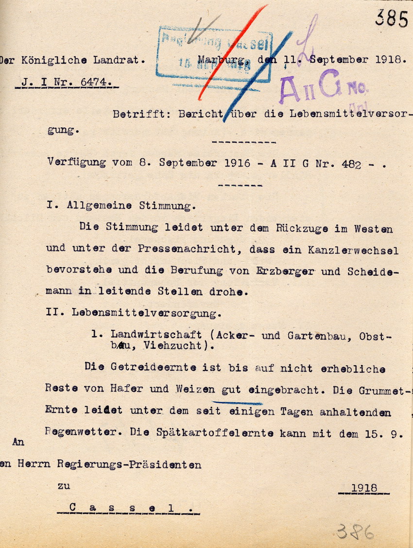Bericht über die Lebensmittelversorgung des Kgl. Landrates in Marburg an den Regierungspräsidenten zu Cassel, 11. September 1918.