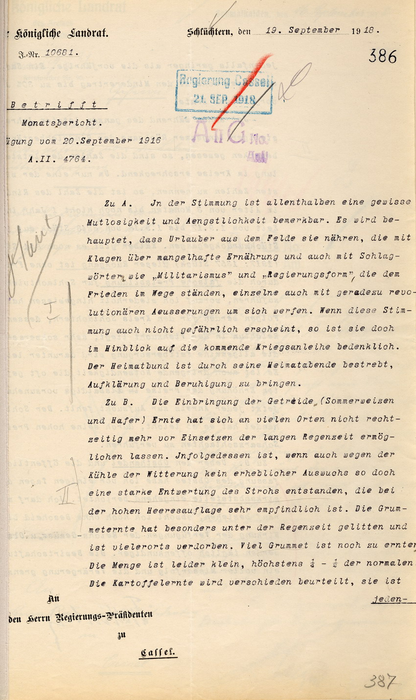 Monatsbericht des Kgl. Landrates in Schlüchtern an den Regierungspräsidenten zu Cassel, 19. September 1918.