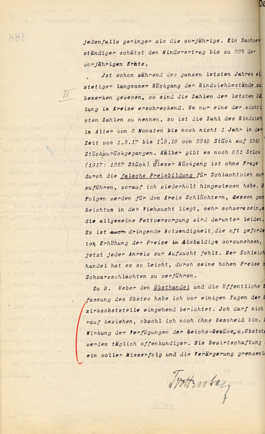 Monatsbericht des Kgl. Landrates in Schlüchtern an den Regierungspräsidenten zu Cassel, 19. September 1918.