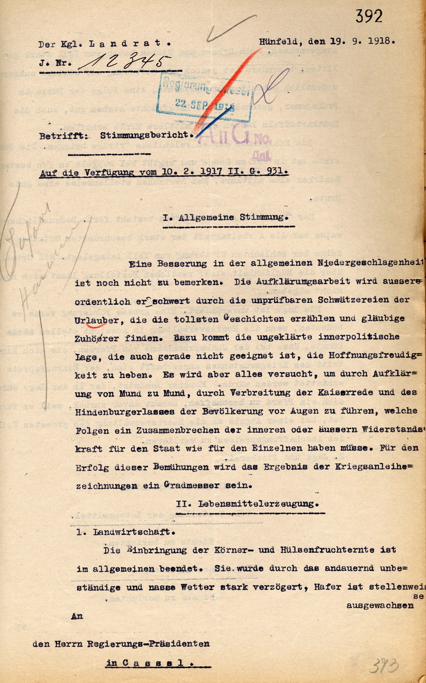 Stimmungsbericht des Kgl. Landrates in Hünfeld an den Regierungspräsidenten zu Cassel, 19. September 1918.