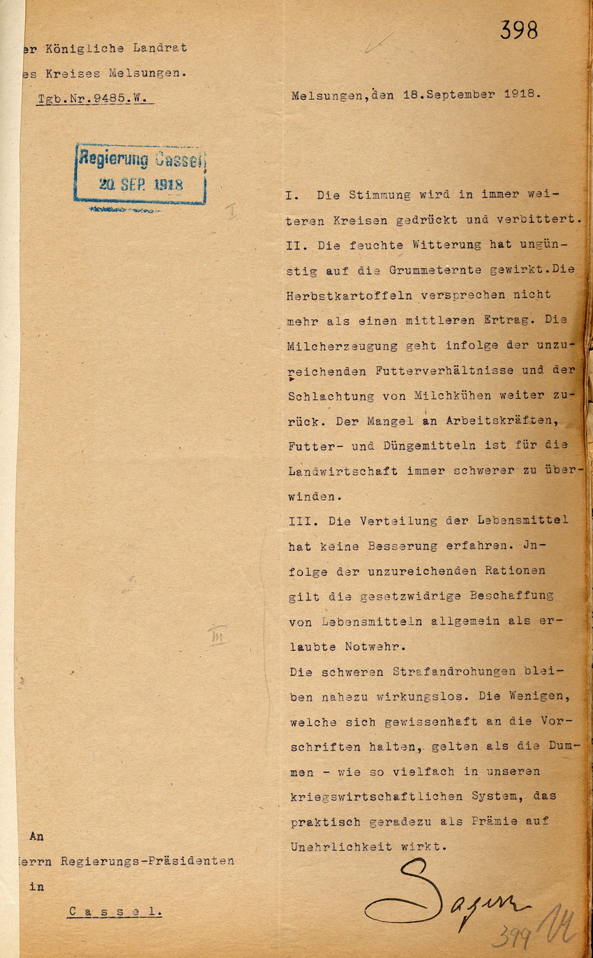Der Kgl. Landrat in Melsungen an den Regierungspräsidenten zu Cassel, 18. Septemeber 1918.