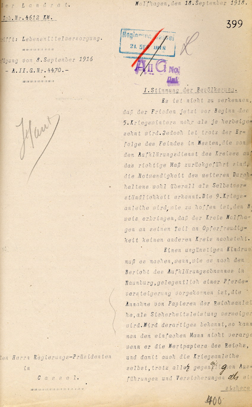 Bericht über die Lebensmittelversorgung des Landrates in Wolfhagen an den Regierungspräsidenten zu Cassel, 18. September 1918.