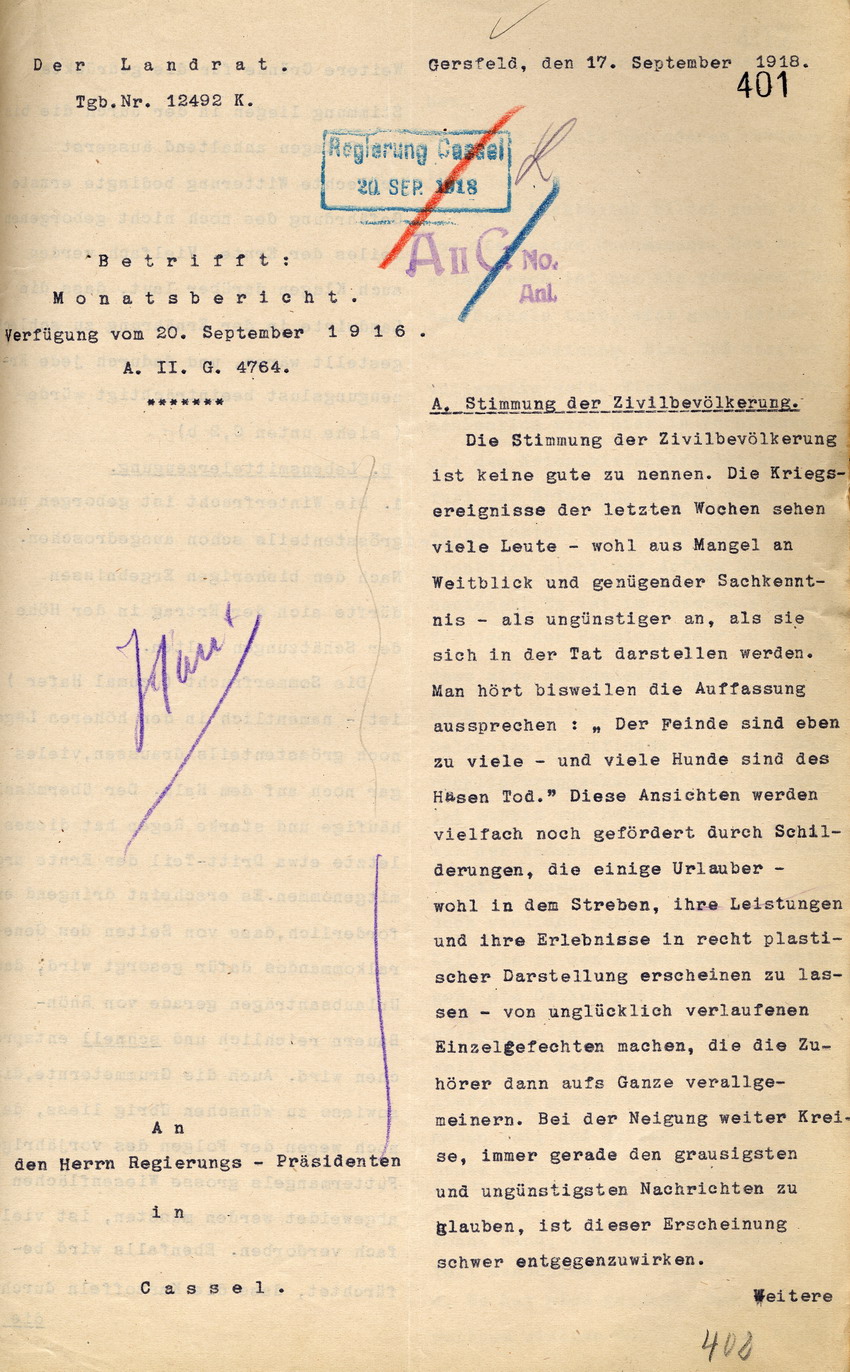 Monatsbericht des Landrates in Gersfeld an den Regierungspräsidenten zu Cassel, 17. September 1918.