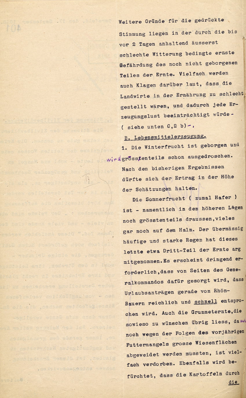 Monatsbericht des Landrates in Gersfeld an den Regierungspräsidenten zu Cassel, 17. September 1918.