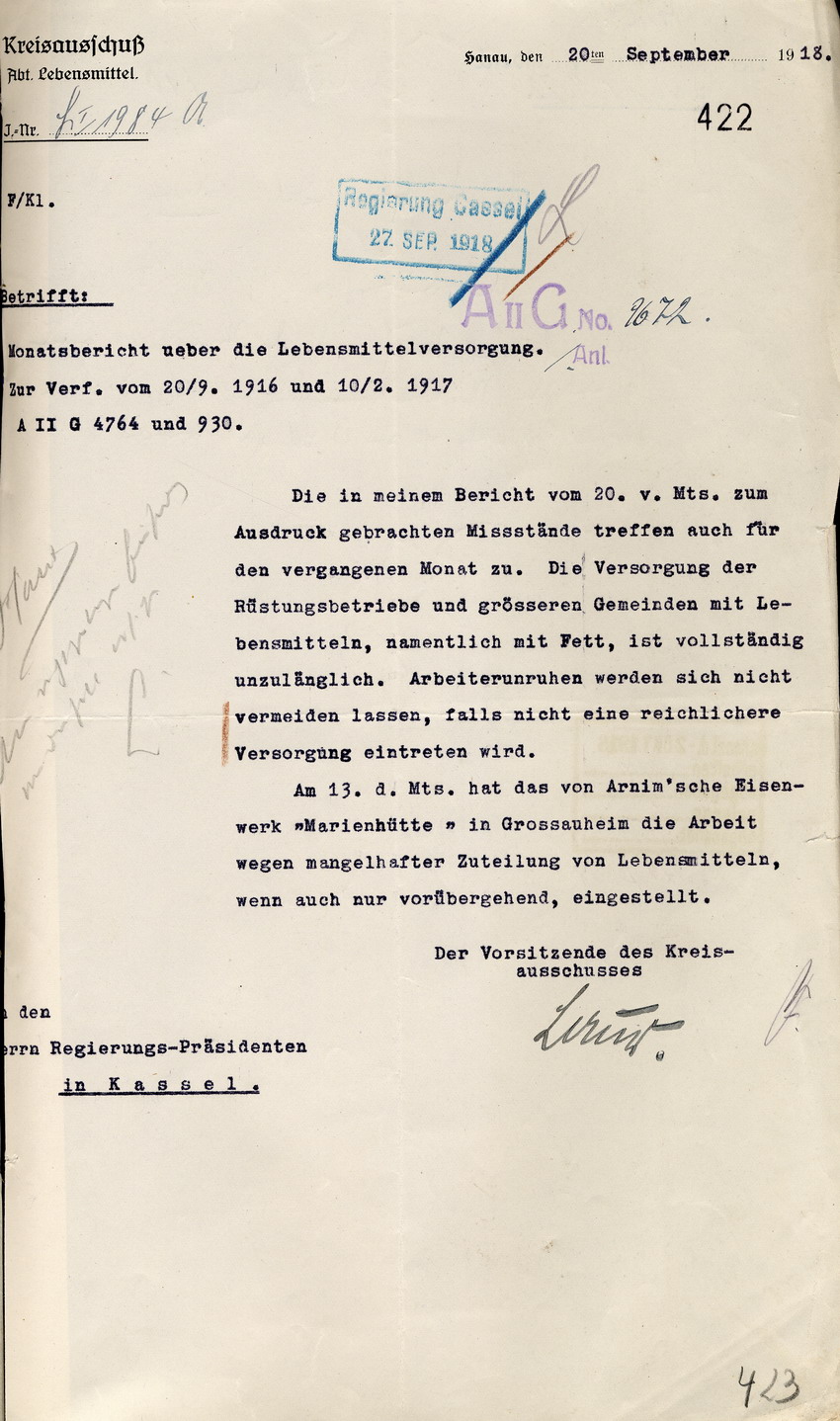 Monatsbericht über die Lebensmittelversorgung des Kreisausschusses, Abteilung Lebensmittel in Hanau an den Regierungspräsidenten zu Cassel, 20. September 1918.