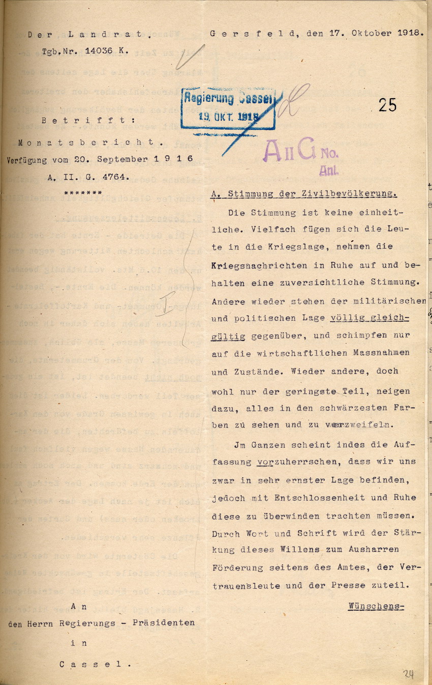Monatsbericht des Landrates in Gersfeld an den Regierungspräsidenten zu Cassel, 17. Oktober 1918.