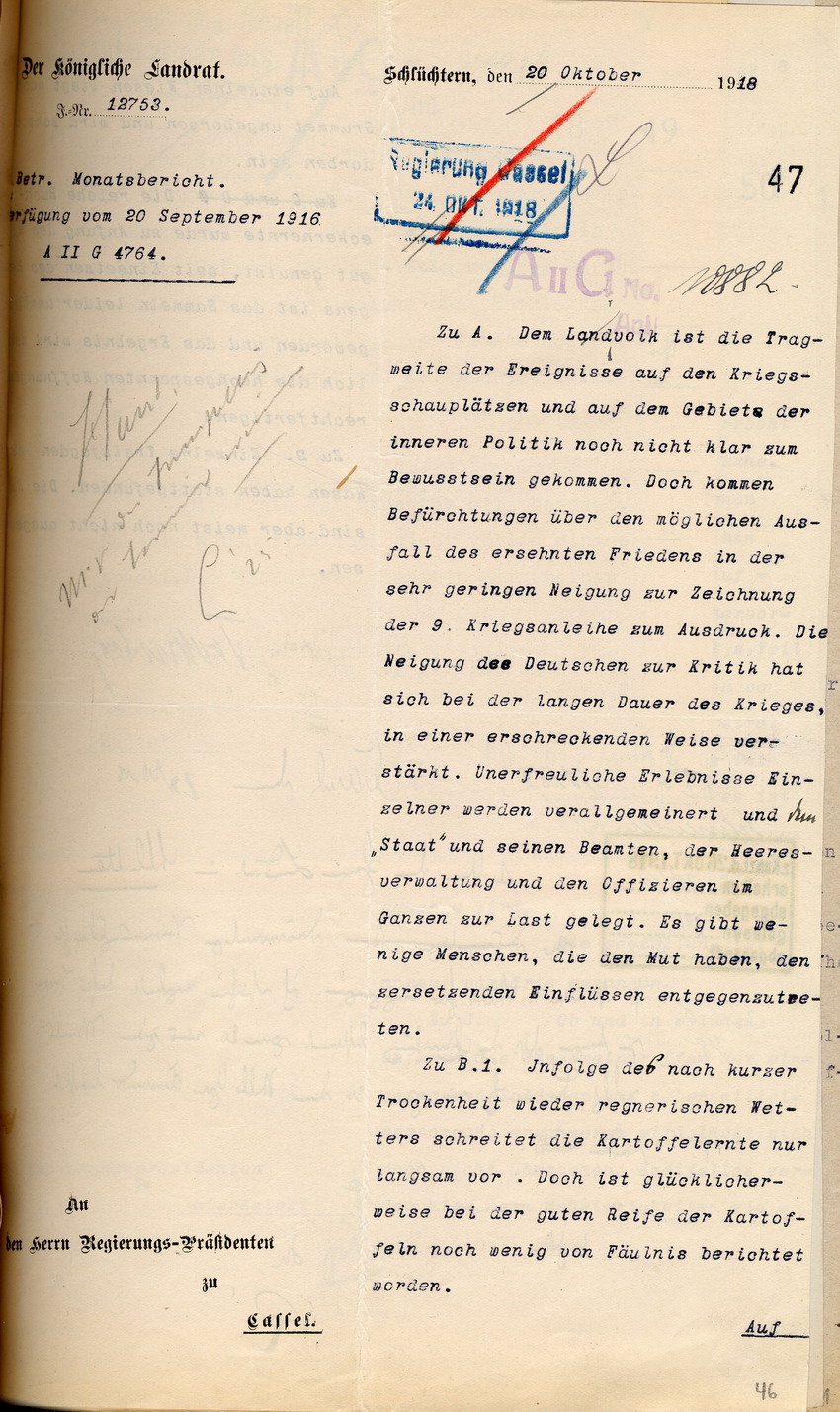 Monatsbericht des Kgl. Landrates in Schlüchtern an den Regierungspräsidenten zu Cassel, 20. Oktober 1918.