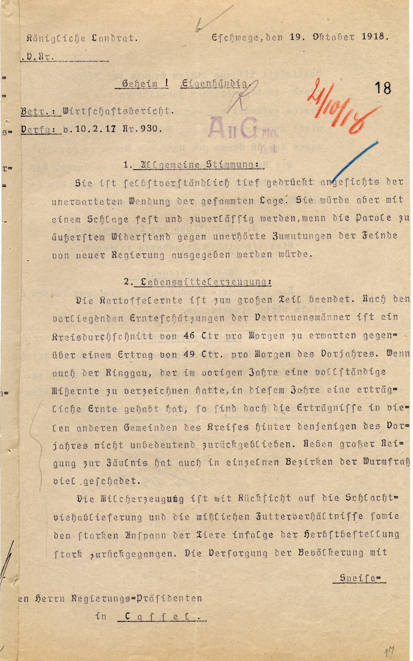 Geheimer Wirtschaftsbericht des Kgl. Landrates in Eschwege an den Regierungspräsidenten zu Cassel, 19. Oktober 1918.