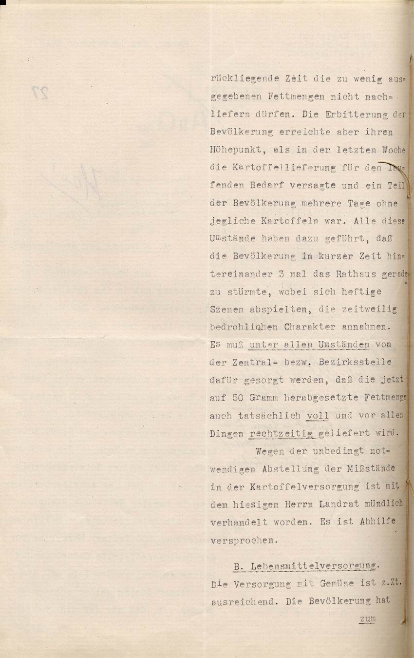 Bericht für das Generalkommando über die Lebensmittelversorgung des Magistrats in Hanau an den Regierungspräsidenten zu Cassel, 19. Oktober 1918.