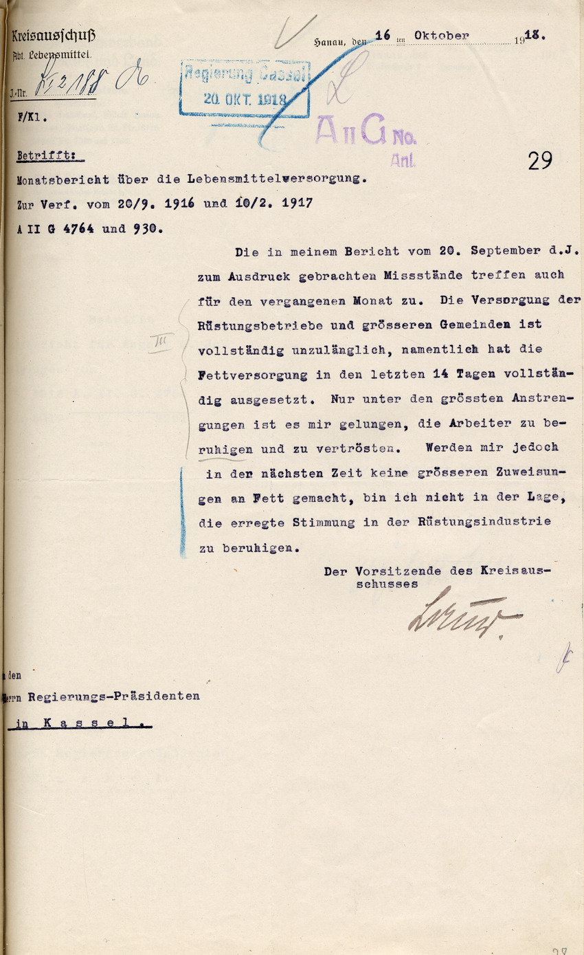Monatsbericht über die Lebensmittelversorgung des Kreisausschuß in Hanau an den Regierungspräsidenten zu Cassel, 16. Oktober 1918.