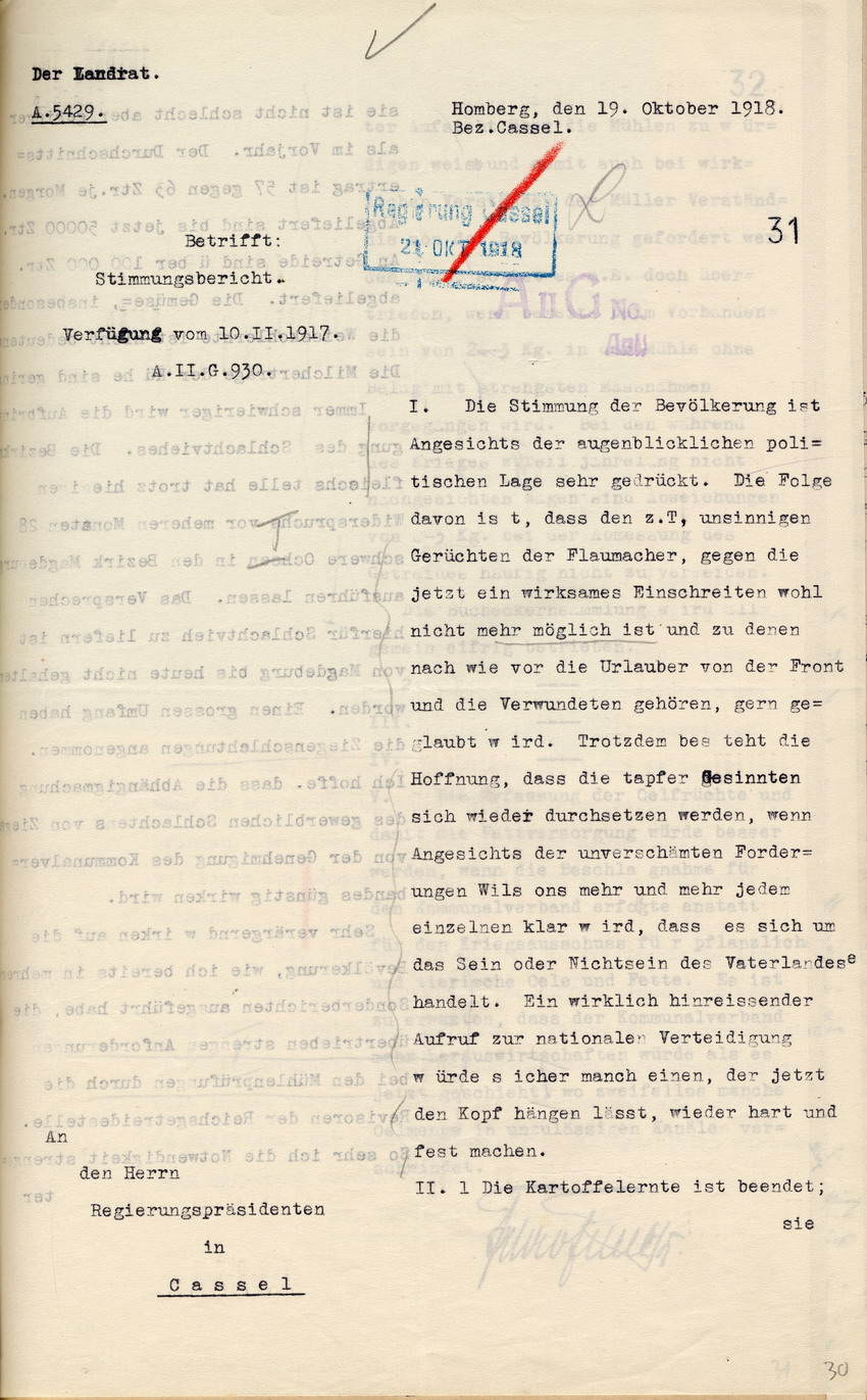 Stimmungsbericht des Landrates in Homberg an den Regierungspräsidenten zu Cassel, 19. Oktober 1918.