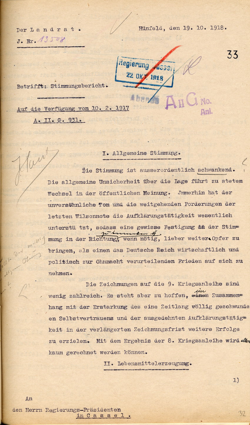 Stimmungsbericht des Landrates in Hünfeld an den Regierungspräsidenten zu Cassel, 19. Oktober 1918.