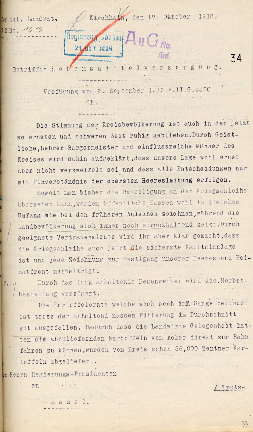 Bericht über die Lebensmittelversorgung des Kgl. Landrates in Kirchhain an den Regierungspräsidenten zu Cassel, 19. Oktober 1918.