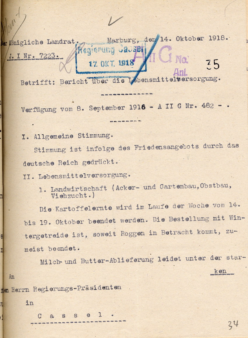 Bericht über die Lebensmittelversorgung des Kgl. Landrates in Marburg an den Regierungspräsidenten zu Cassel, 14. Oktober 1918.