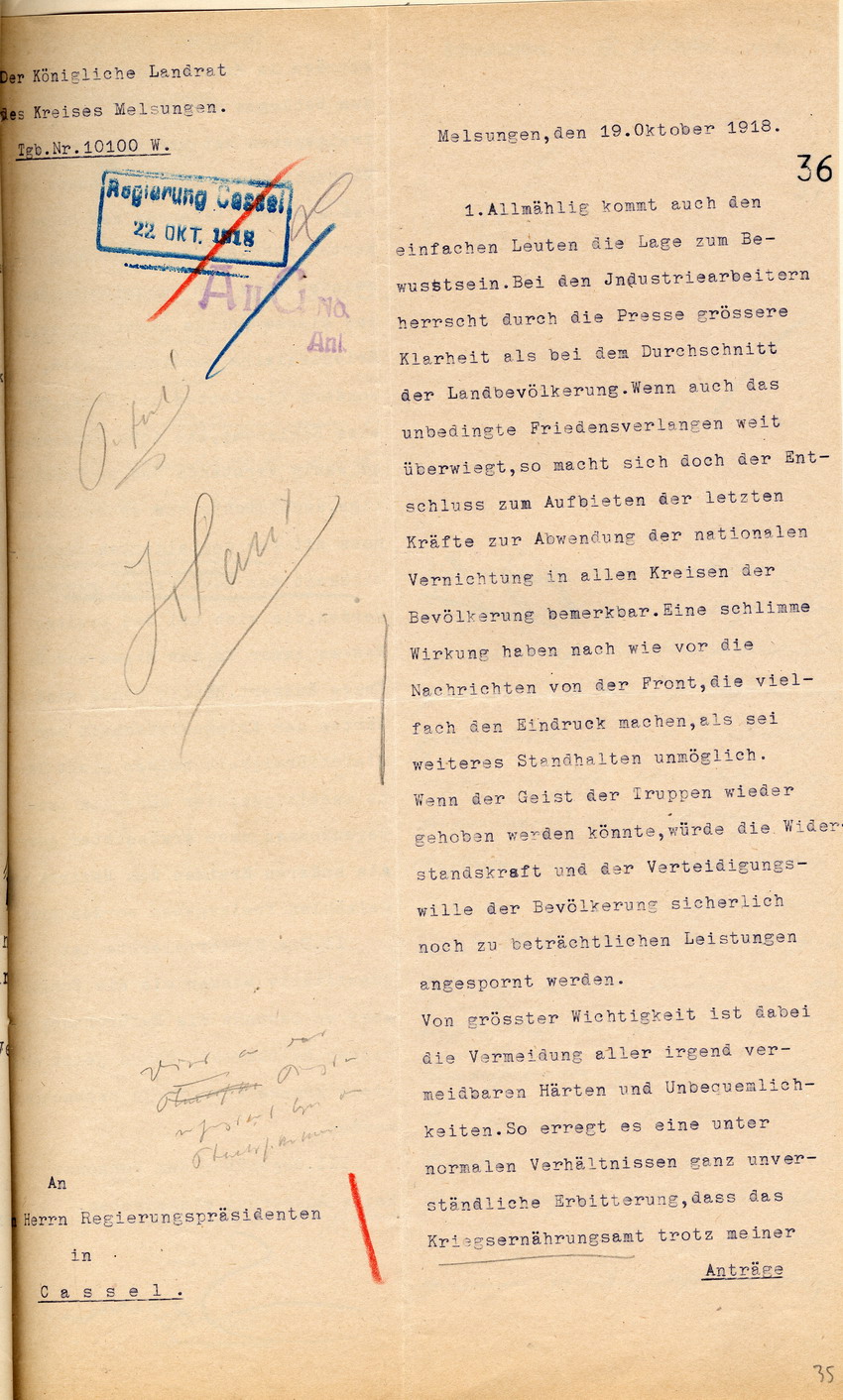 Der Kgl. Landrat in Melsungen an den Regierungspräsidenten zu Cassel, 19. Oktober 1918.