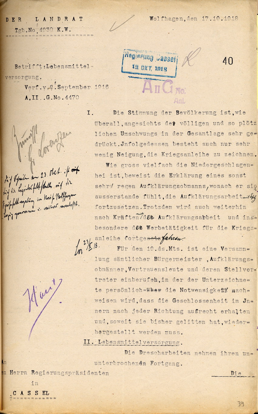 Bericht über die Lebensmittelversorgung des Landrates in Wolfhagen an den Regierungspräsidenten zu Cassel, 17. Oktober 1918.