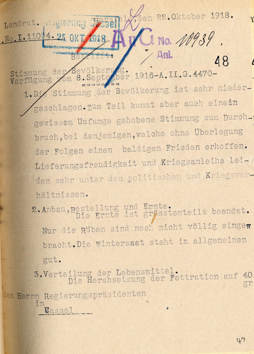Bericht über Stimmung der Bevölkerung des Landrates in Hersfeld an den Regierungspräsidenten zu Cassel, 22. Oktober 1918.