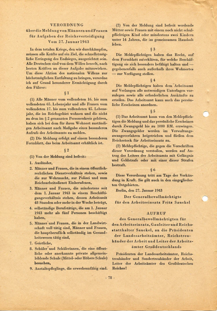 Mitteilungen des Beauftragten für den Vierjahresplan (streng vertraulich) Nr. 5, 1. September 1943. Mit Führererlaß vom 4. März 1943, der Verordnung über die Meldung von Männern und Frauen für die Aufgaben der Reichsverteidigung vom 27. Januar 1943 sowie 