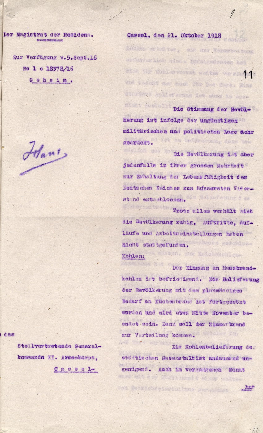 Geheimer Bericht des Magistrats der Residenz an das Stellvertretende Oberkommando XI. Armeekorps, Cassel, 21. Oktober 1918.