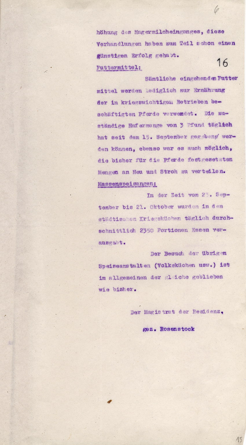 Geheimer Bericht des Magistrats der Residenz an das Stellvertretende Oberkommando XI. Armeekorps, Cassel, 21. Oktober 1918.