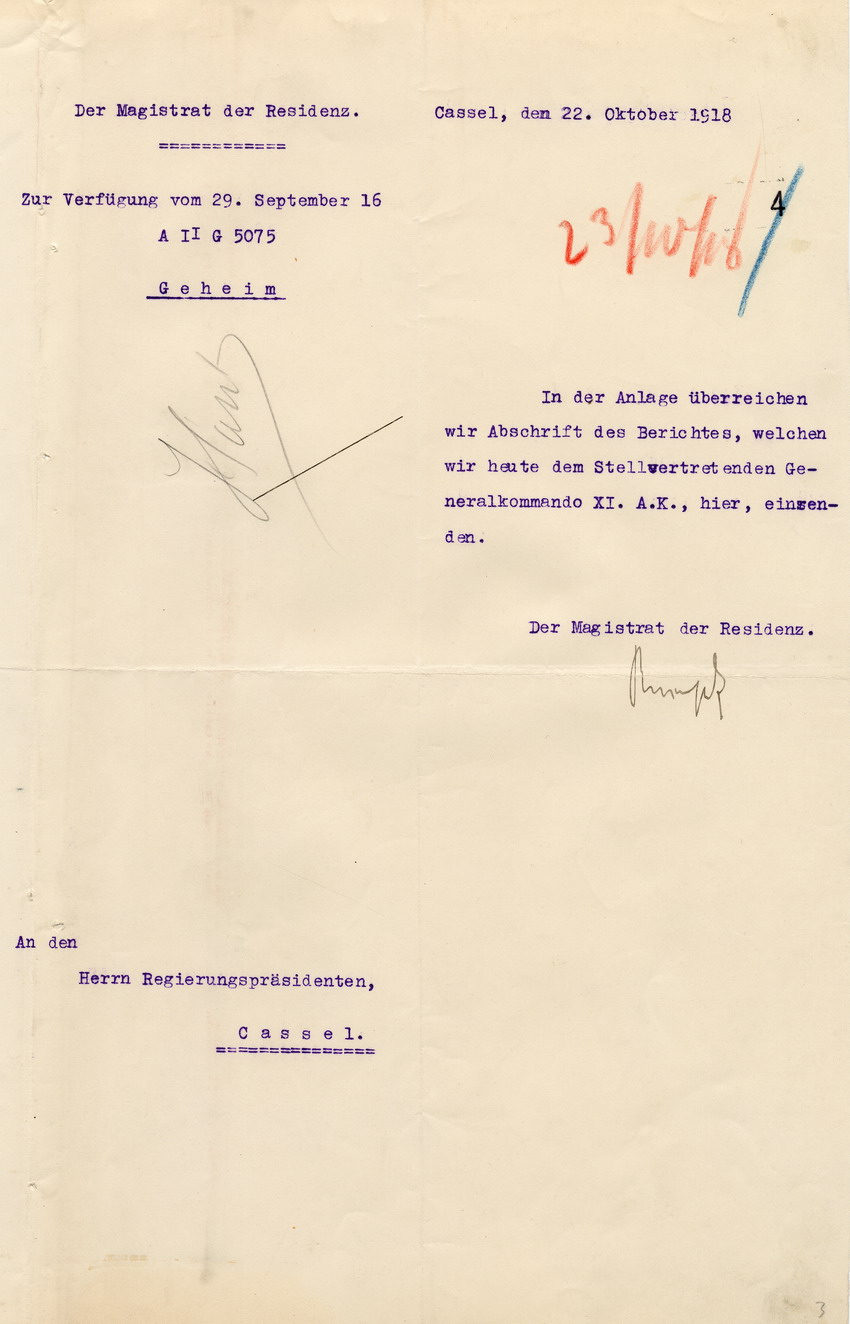 Geheimer Bericht des Magistrats der Residenz an das Stellvertretende Oberkommando XI. Armeekorps, Cassel, 21. Oktober 1918.