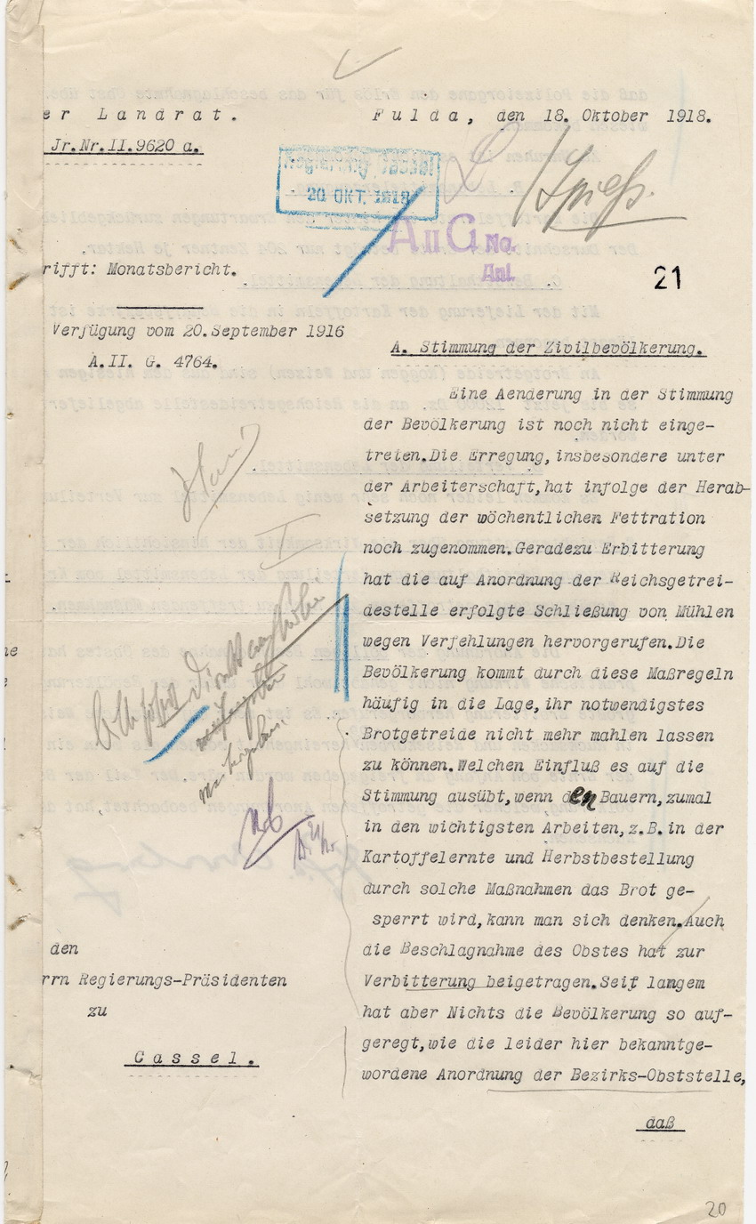 Monatsbericht des Landrates in Fulda an den Regierungspräsidenten zu Cassel, 18. Oktober 1918.