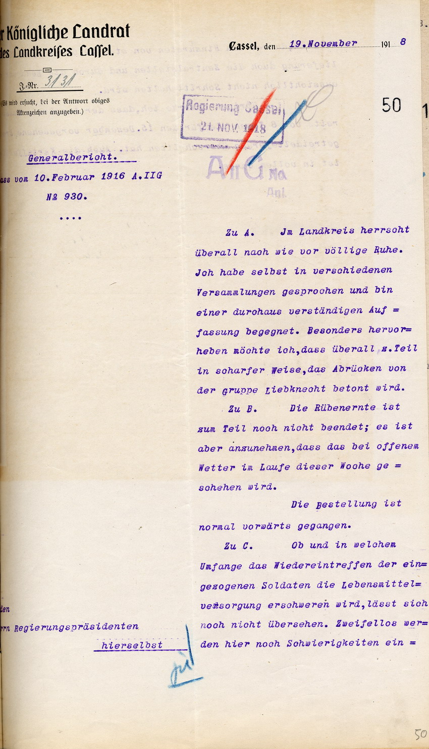Generalbericht des Kgl. Landrates in Cassel an den Regierungspräsidenten zu Cassel, 19. November 1918.