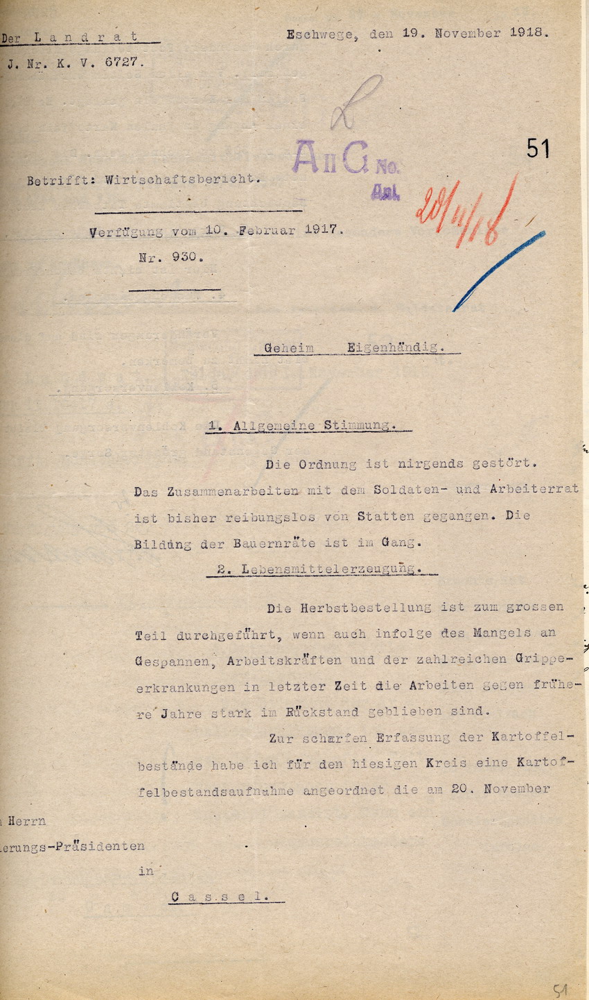 Geheimer Wirtschaftsbericht des Landrates in Eschwege an den Regierungspräsidenten zu Cassel, 19. November 1918