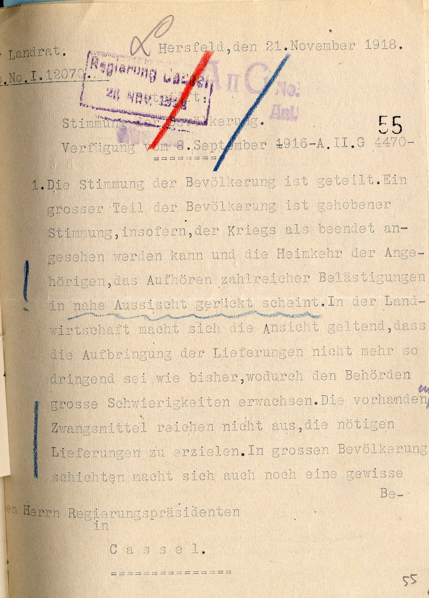 Bericht über Stimmung der Bevölkerung des Landrates in Hersfeld an den Regierungspräsidenten zu Cassel, 21. November 1918.