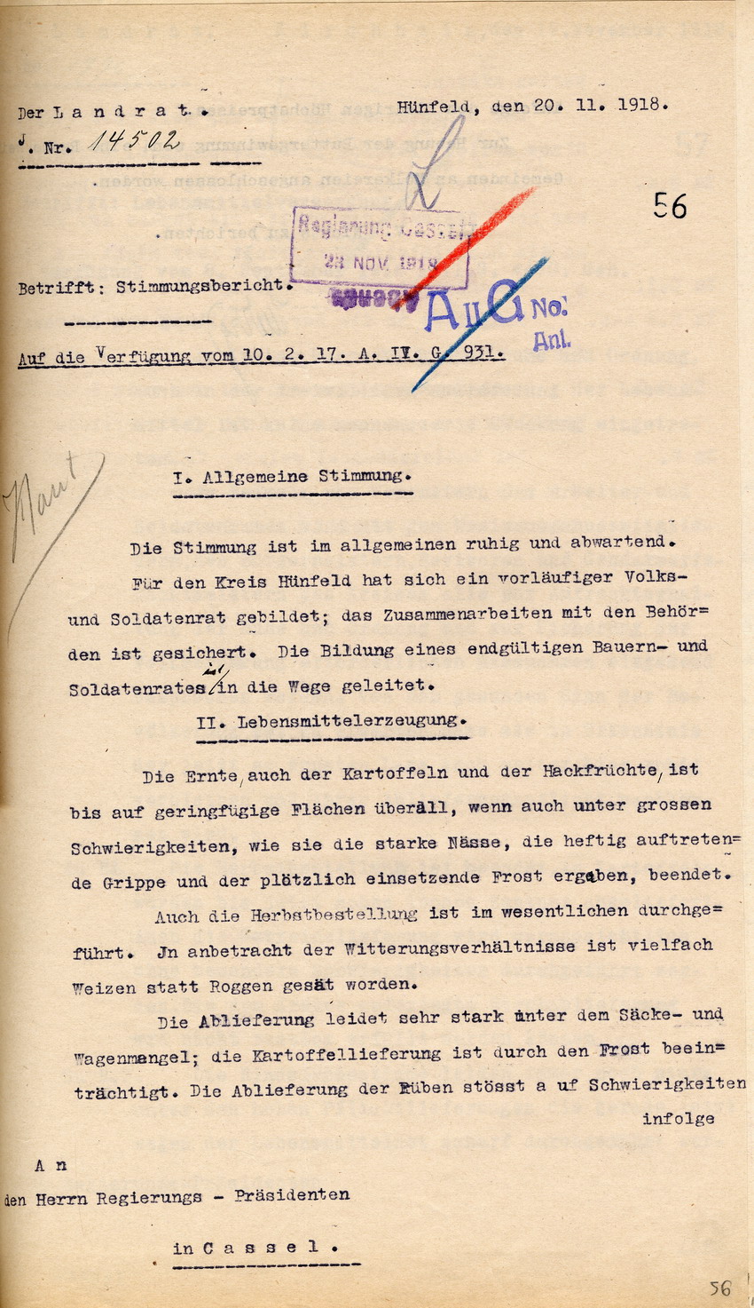 Stimmungsbericht des Landrates in Hünfeld an den Regierungspräsidenten zu Cassel, 20. November 1918.
