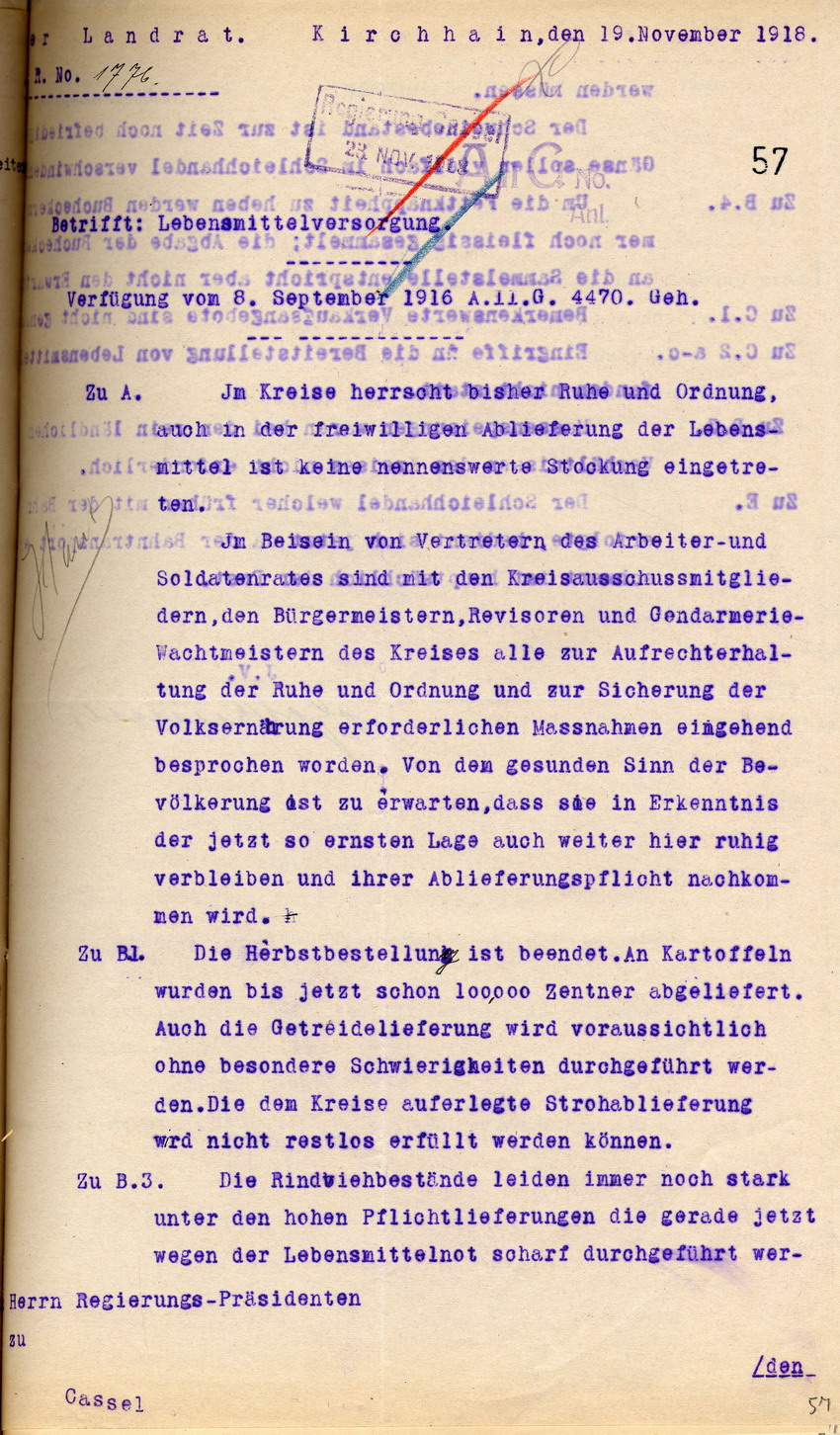 Bericht über die Lebensmittelversorgung des Landrates in Kirchhain an den Regierungspräsidenten zu Cassel, 19. November 1918.