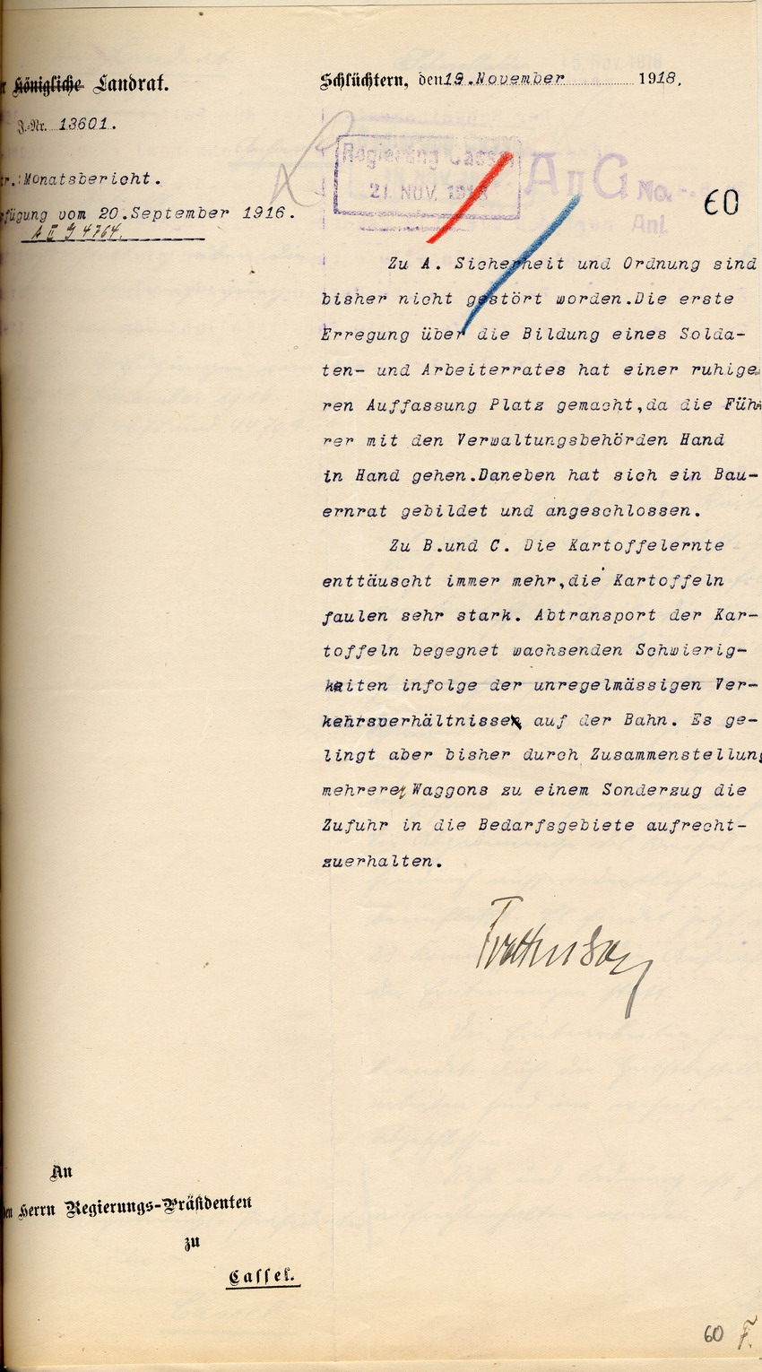 Monatsbericht des Kgl. Landrates in Schlüchtern an den Regierungspräsidenten zu Cassel, 19. November 1918.