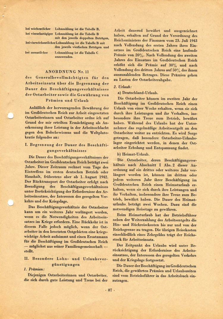 Entlohnungstabellen für Ostarbeiter vom 5. April 1943 usw., aus: Mitteilungen des Beauftragten für den Vierjahresplan (streng vertraulich) Nr. 5, 1. September 1943