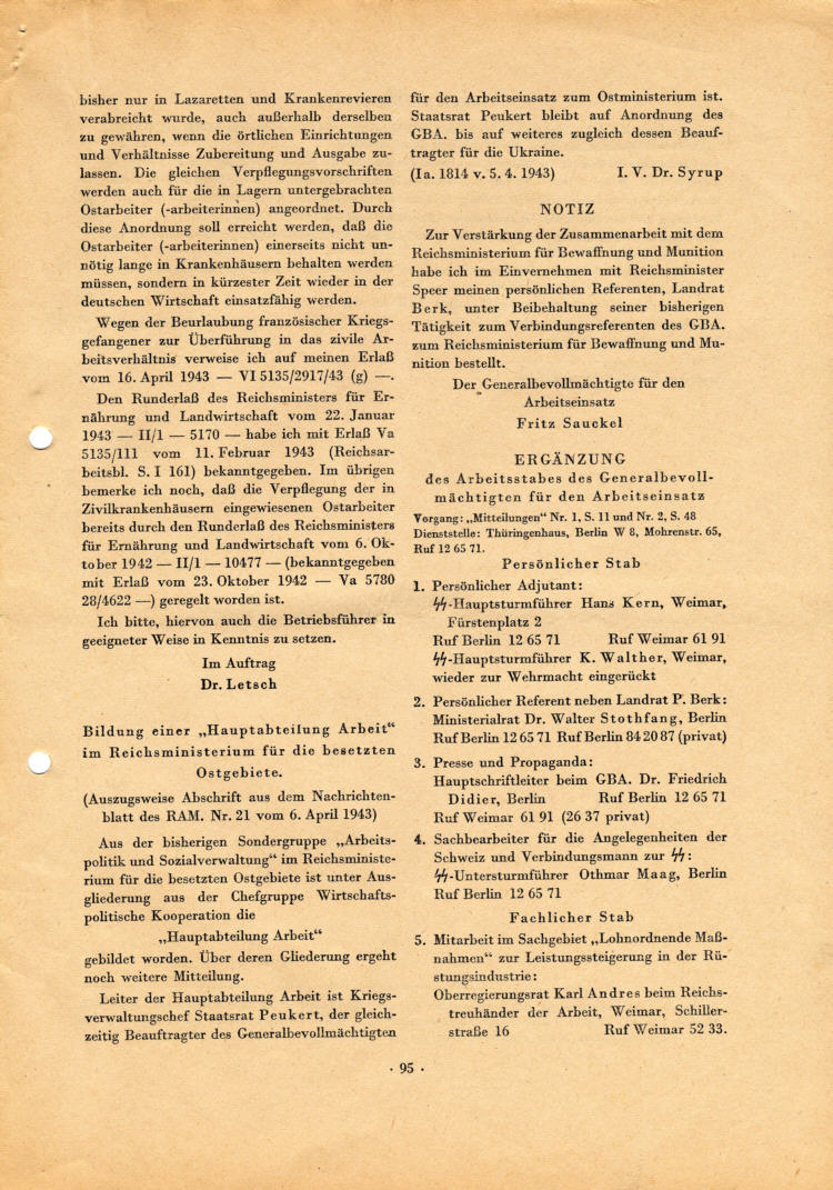 Entlohnungstabellen für Ostarbeiter vom 5. April 1943 usw., aus: Mitteilungen des Beauftragten für den Vierjahresplan (streng vertraulich) Nr. 5, 1. September 1943