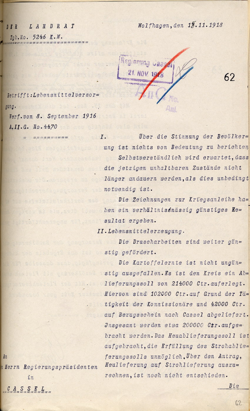 Bericht über die Lebensmittelversorgung des Landrates in Wolfhagen an den Regierungspräsidenten zu Cassel, 18. November 1918.