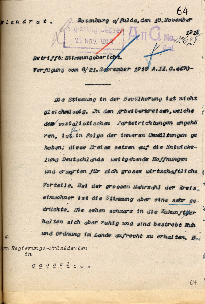 Stimmungsbericht des Landrates in Rotenburg a.d. Fulda an den Regierungspräsidenten zu Cassel, 18. November 1918.