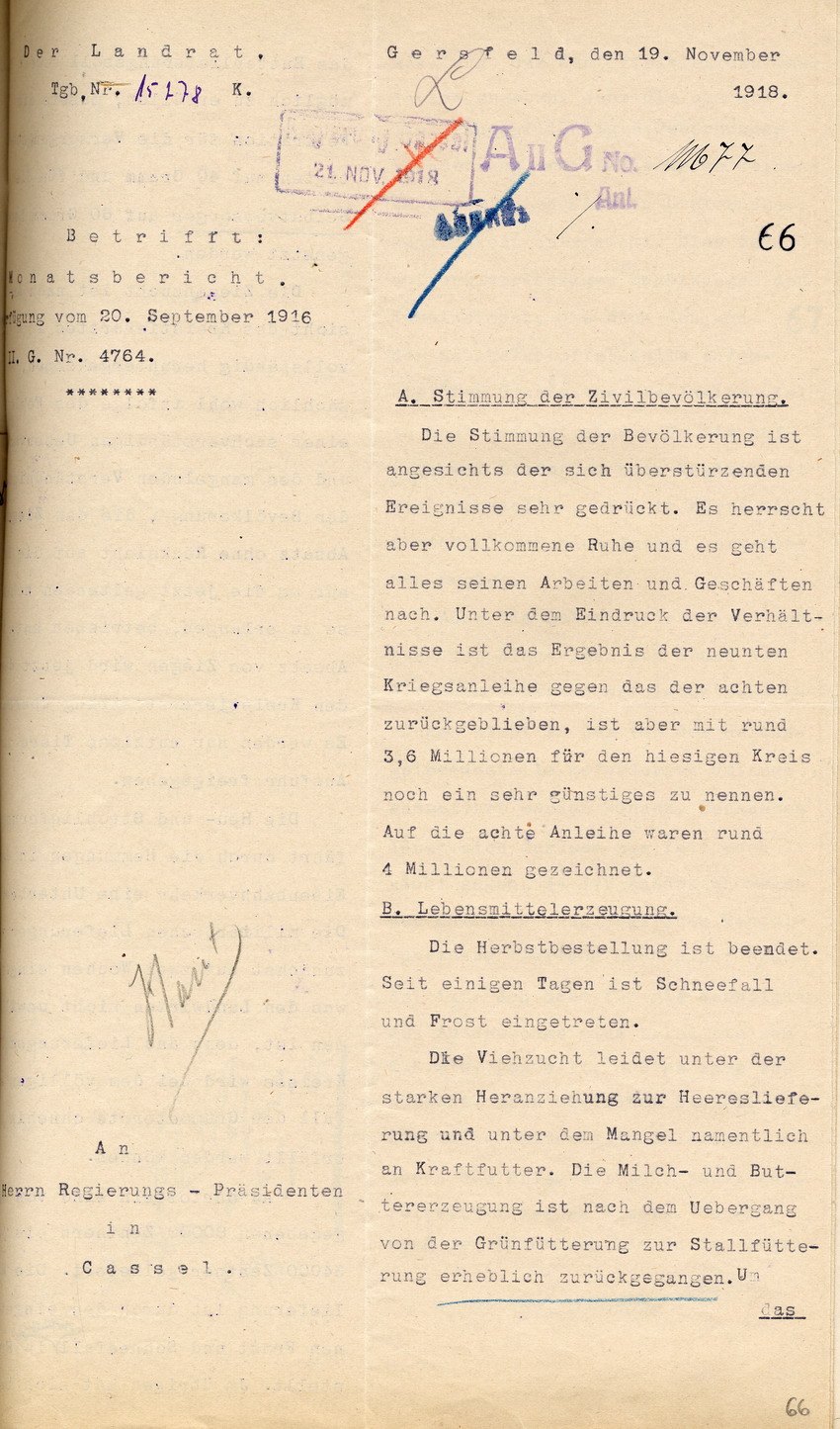 Monatsbericht des Landrates in Gersfeld an den Regierungspräsidenten zu Cassel, 19. November 1918.
