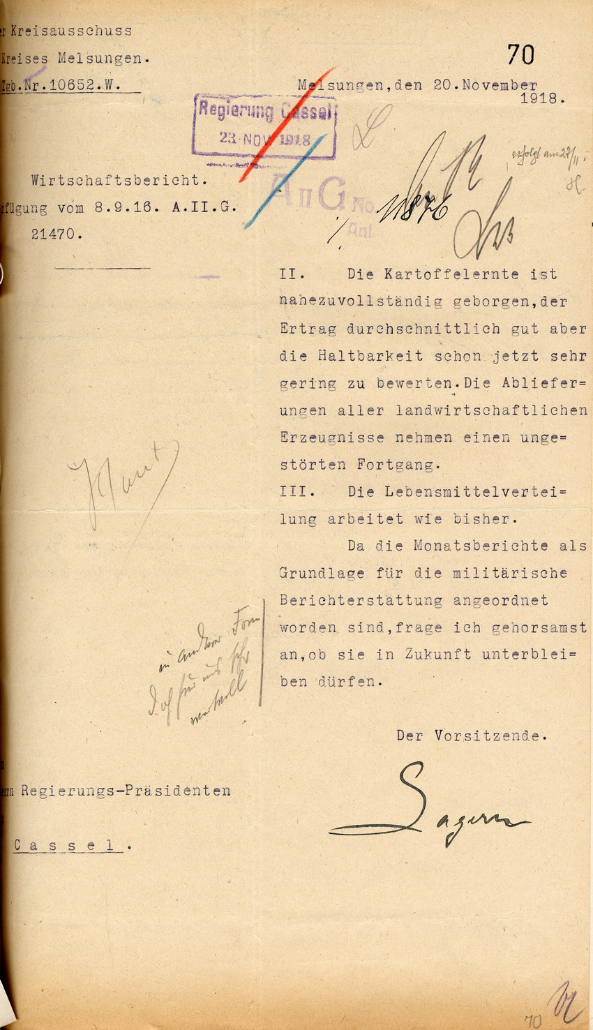 Wirtschaftsbericht des Kreisauschusses Melsungen an den Regierungspräsidenten zu Cassel, 20. November 1918.