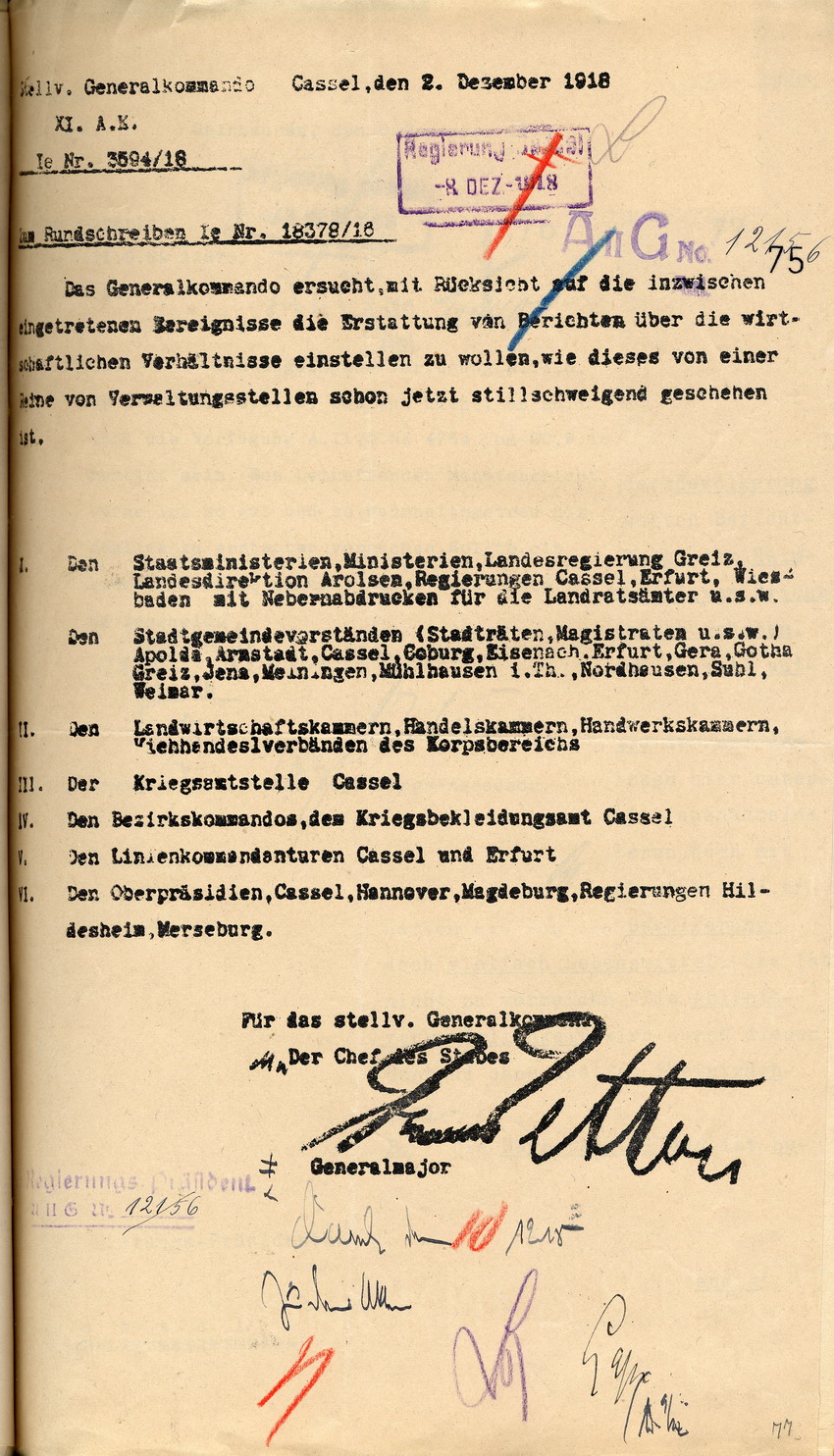 Rundschreiben Ie Nr.18379/16 des stellvertretenden Generalkommandos des XI. Armeekorps Cassel, 2. Dezember 1918.