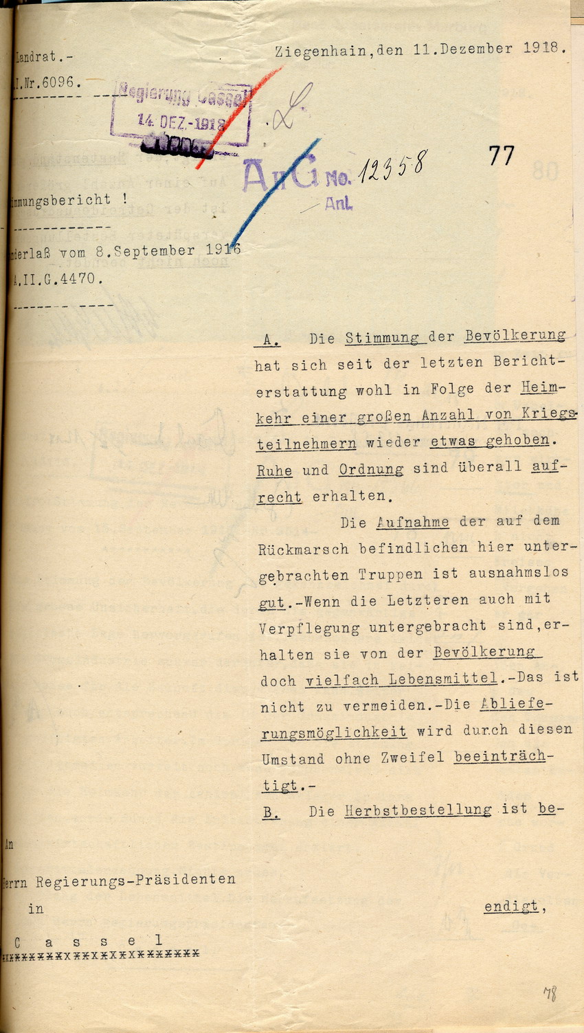 Stimmungsbericht des Landrates in Ziegenhain an den Regierungspräsidenten zu Cassel, 11. Dezember 1918.