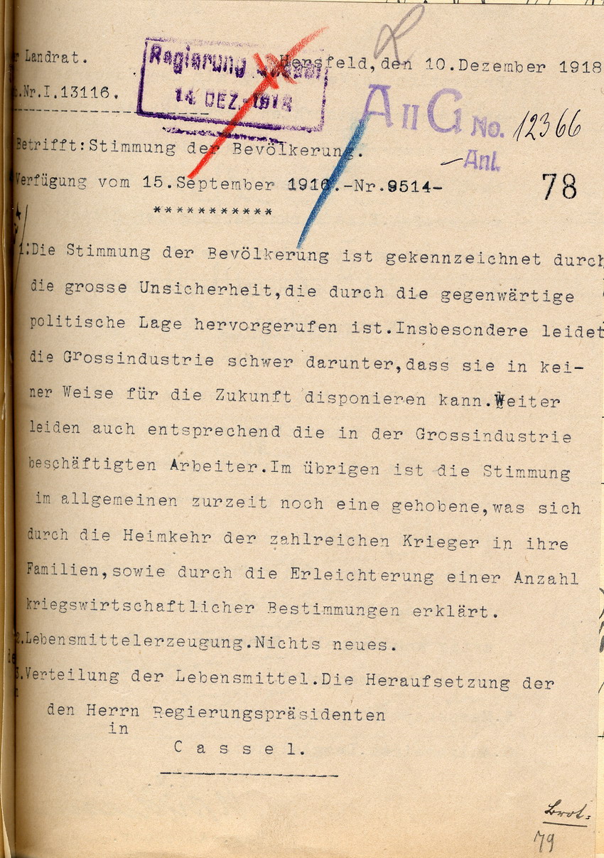 Bericht über die Stimmung der Bevölkerung des Landrates in Hersfeld an den Regierungspräasidenten zu Cassel, 10. Dezember 1918.