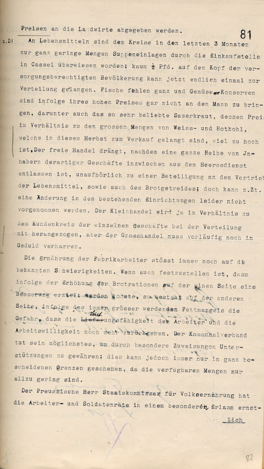 Monatsbericht des Landrates in Gelnhausen an den Regierungspräsidenten zu Cassel, 9. Dezember 1918.