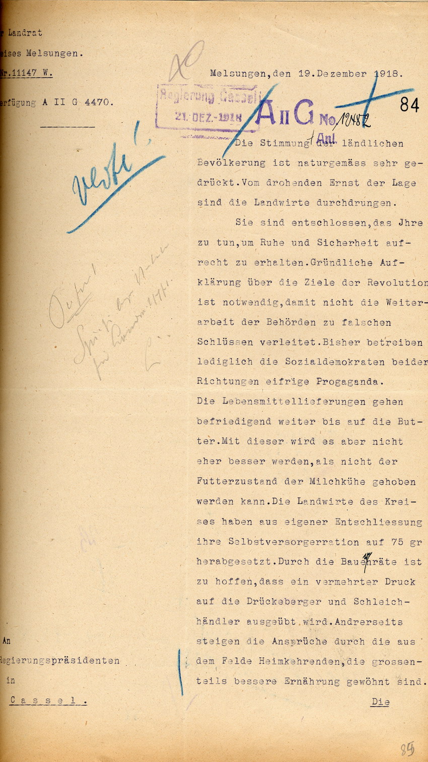 Der Landrat in Melsungen an den Regierungspräsidenten zu Cassel, 19. Dezember 1918.