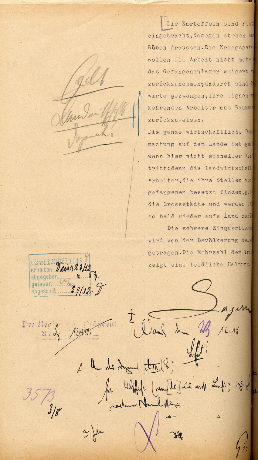 Der Landrat in Melsungen an den Regierungspräsidenten zu Cassel, 19. Dezember 1918.