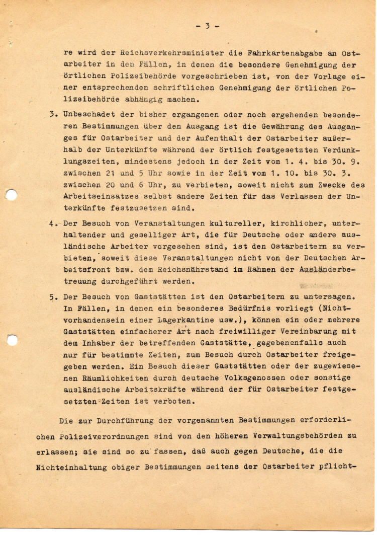 Reichsführer SS i.V. Kaltenbrunner  an die höheren Verwaltungsbehörden: Ostarbeitereinsatz, Beschränkung der Lebensführung